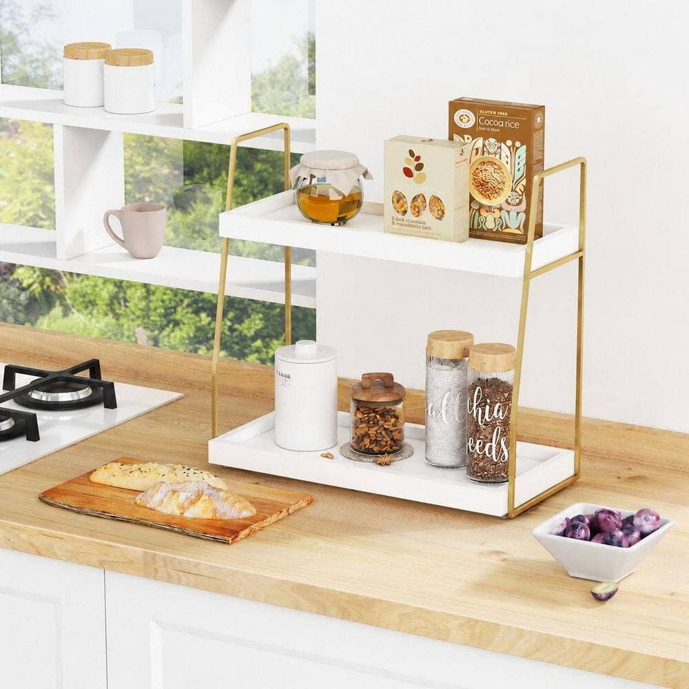 KHKFY 2-Tier Wooden Bathroom Organizer with White Tray and Gold Metal Frame 14.4 x 6.7 x 14 in Countertop Shelf (2)