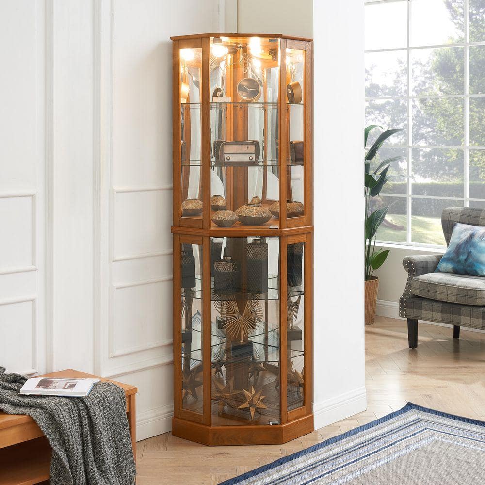 XUJMK 26 in. W x 20 in. D x 72 in. H Light Oak Brown Linen Cabinet, 6 Shelf Corner Curio Display Cabinet with Light, Mirrors (2)