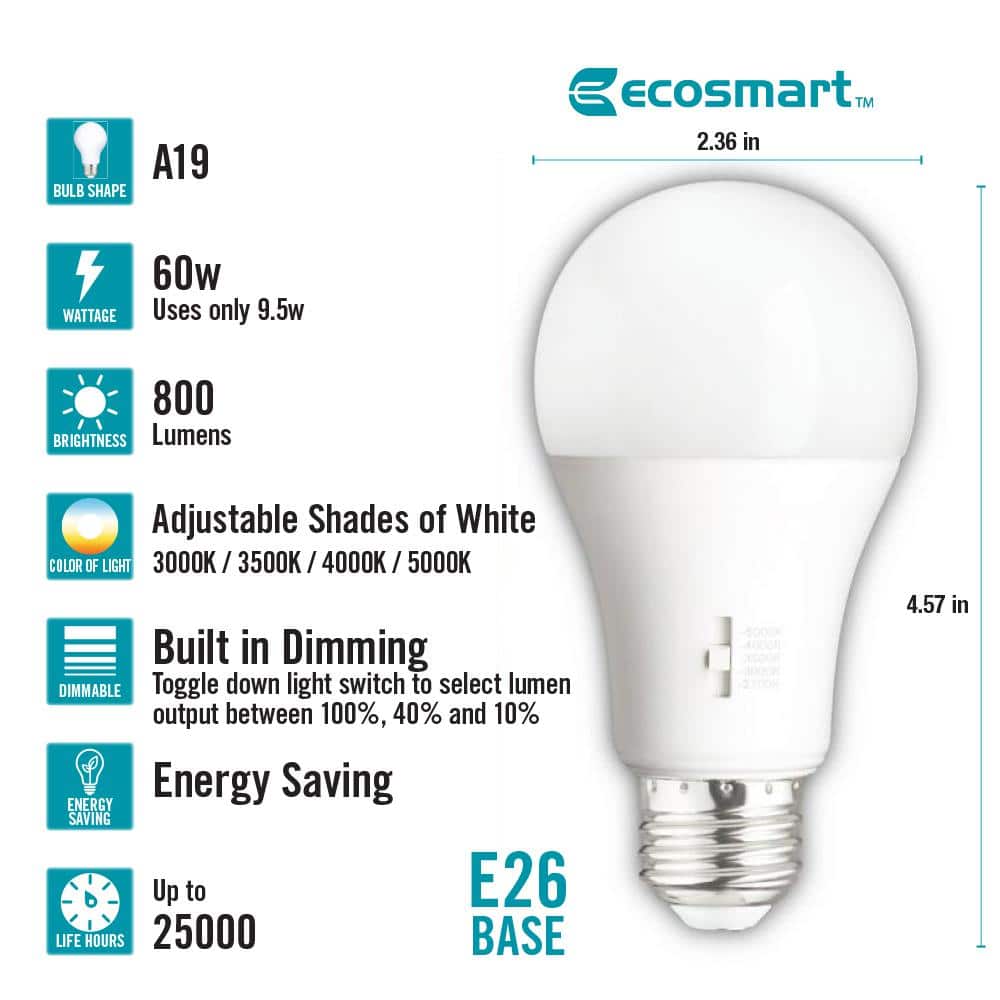 EcoSmart 60-Watt Equivalent A19 E26 Base CEC Built in Dimming LED Light Bulb with Selectable Color Temperature (1-Pack) (3)