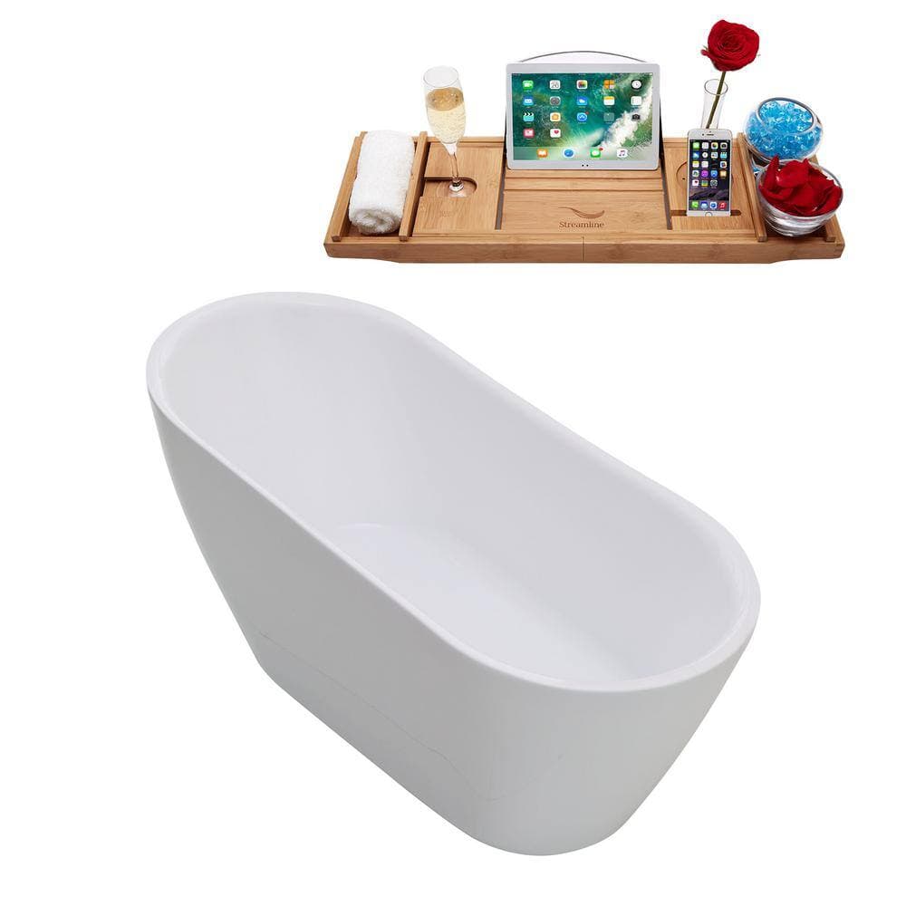 Streamline 59 in. 28 in. Acrylic Freestanding Soaking Bathtub Glossy White With Polished Brass Drain (4)