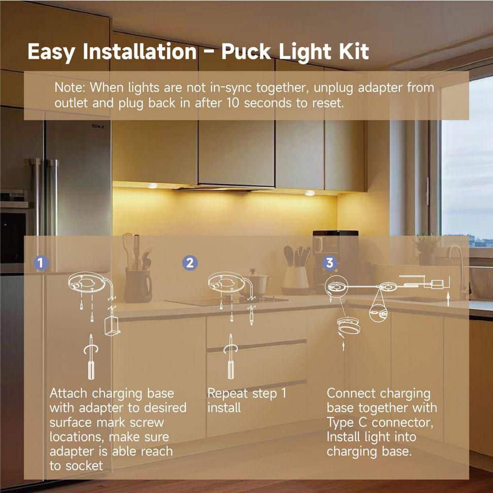 Commercial Electric Plug in 2-Light White Rechargeable Integrated LED Under Cabinet Puck Light (4)