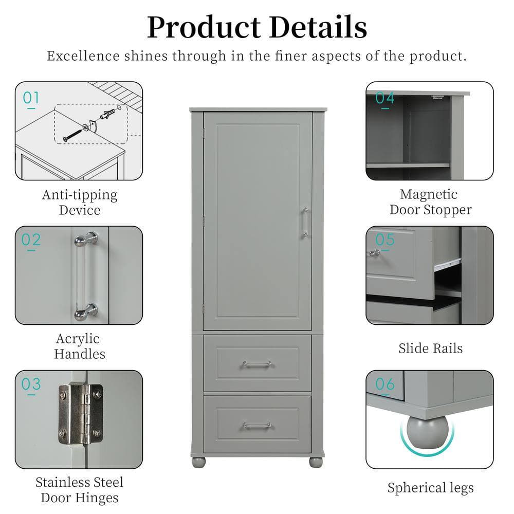 YSQCAR 23 in. W x 16 in. D x 61 in. H Freestanding Gray Linen Cabinet with Door Anti-Tip, Three-layer Open Shelf (3)