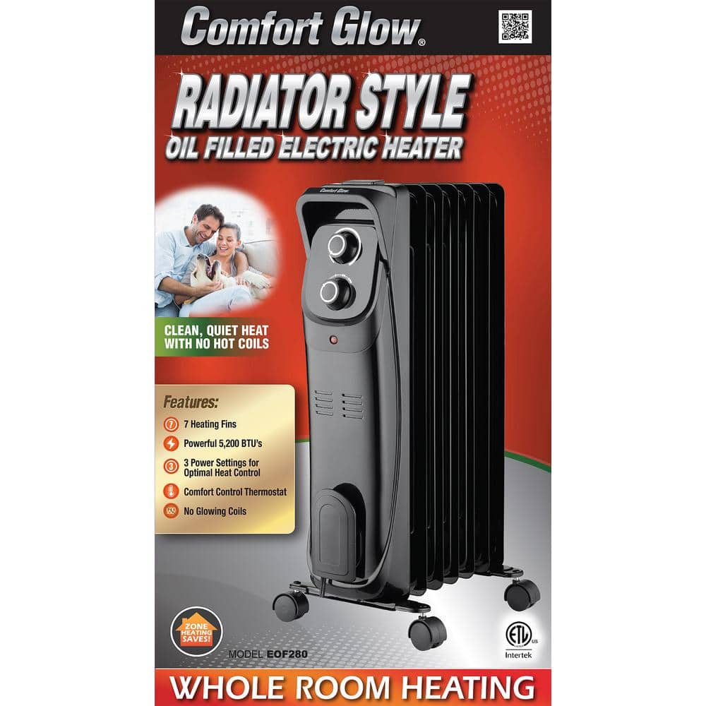 Comfort Glow 1500-Watt, 7-Fin Portable Oil Filled Radiator Electric Space Heater with Thermostat, Overheat, Tip Over, Wheels, Black (3)