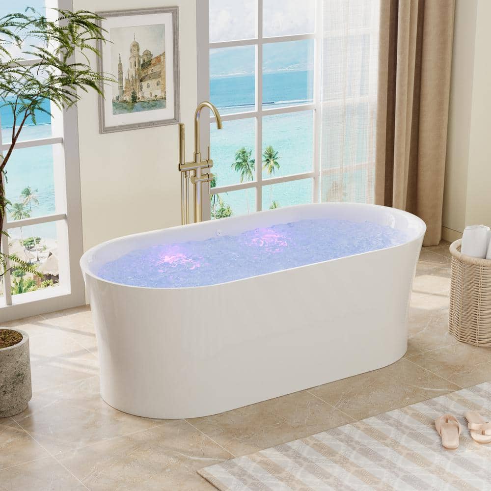 FORCLOVER 67 in. x 31.5 in. Acrylic Freestanding Flat Bottom Air Bubble Massage and LED Bathtub with Drain and Overflow in White (2)