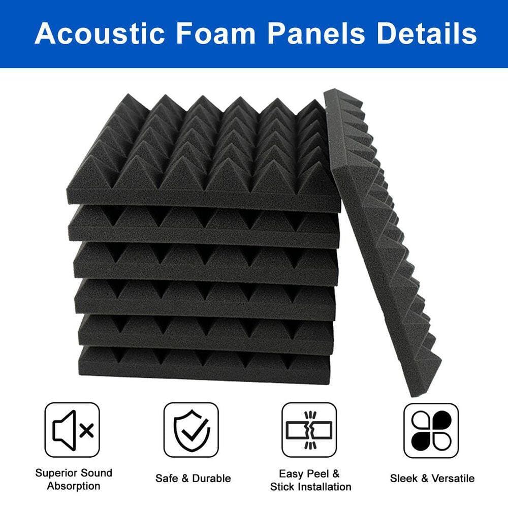 Miscool 2 in. T x 1 ft. x 1 ft. Black Professional Pyramid Acoustic Foam Sound Absorbing Panel for Wall Noise Reduction 48-Pack (3)