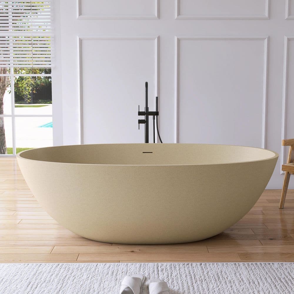 MEDUNJESS Eaton 65 in. x 30 in. Stone Resin Solid Surface Flatbottom Freestanding Soaking Bathtub in Cream with Terrazzo Texture (1)