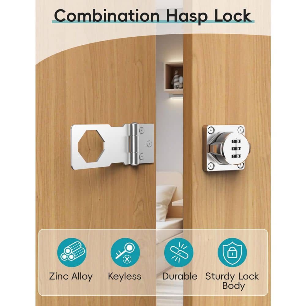 Wudkey 2-Pack Cabinet Password Hasp Lock, Keyless Combination Lock for Small Doors, Bathroom and Garage, Sliver (3)