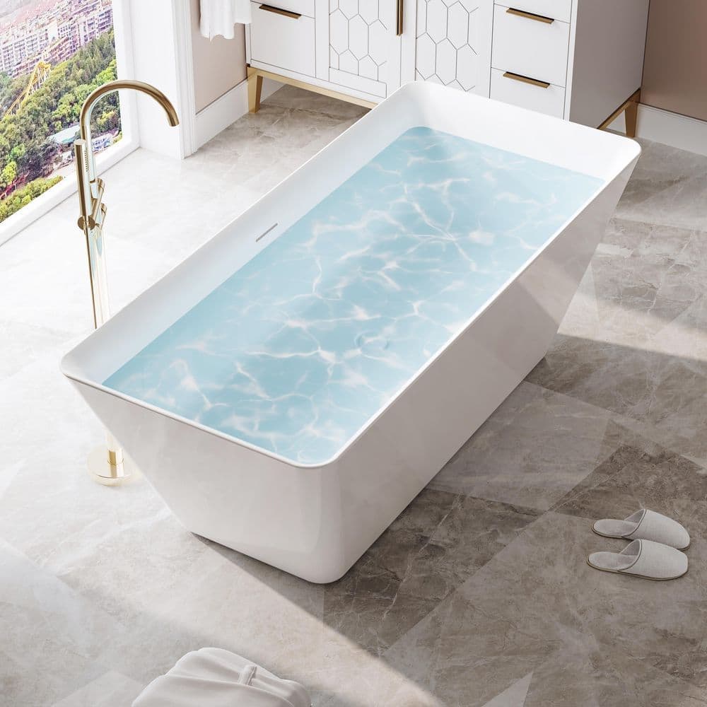 FORCLOVER 66 in. x 30 in. Acrylic Rectangular Flat Bottom Freestand Soaking Bathtub with Center Drain in Glossy White (1)