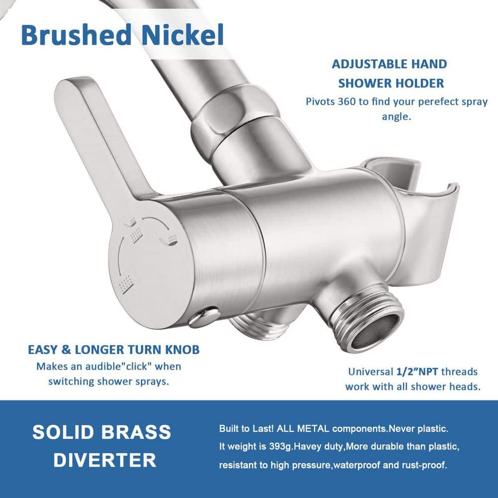 Helhom 3 Way Shower Diverter Valve with Hand Shower Holder in Brushed Nickel, G1/2 Shower Head Splitter, Shower Arm Diverter (2)