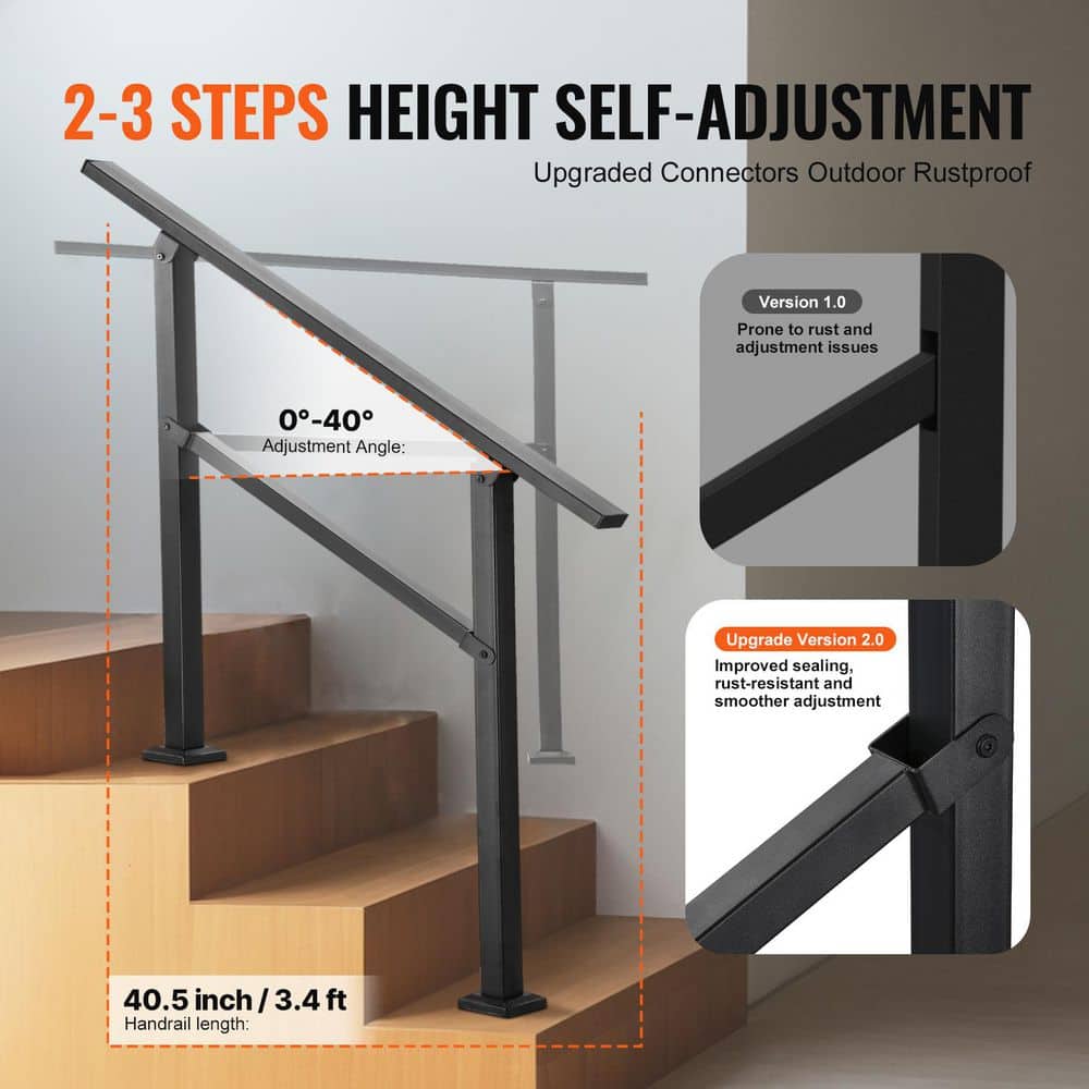 SVOPES Outdoor Handrails 2-3 Steps, 36.2 in. H x 3.3 in. W Black Square Tube W/ Horizontal Bar, Carbon Steel Stair Railing Kit (3)