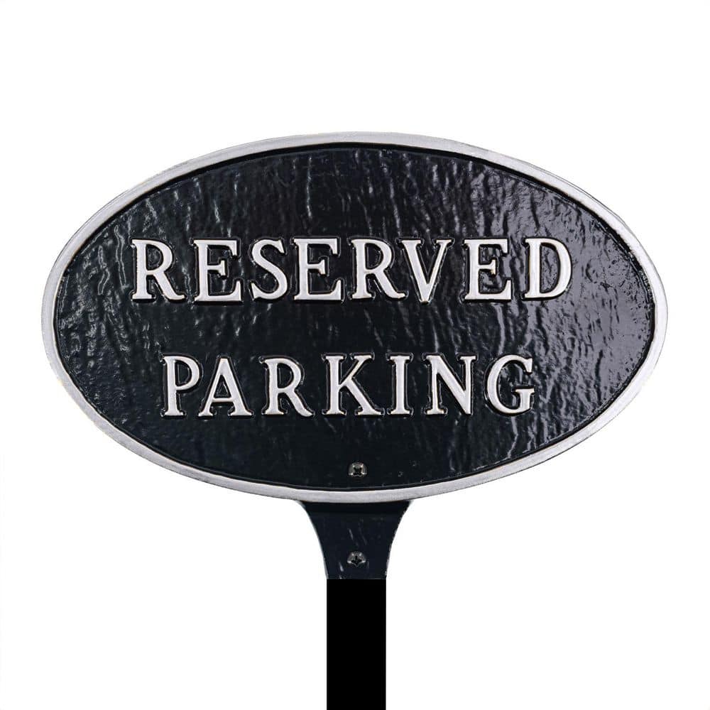 Montague Metal Products 8.5 in. x 13 in. Standard Oval Reserved Parking Statement Plaque Sign with Lawn Stake-Black/Silver