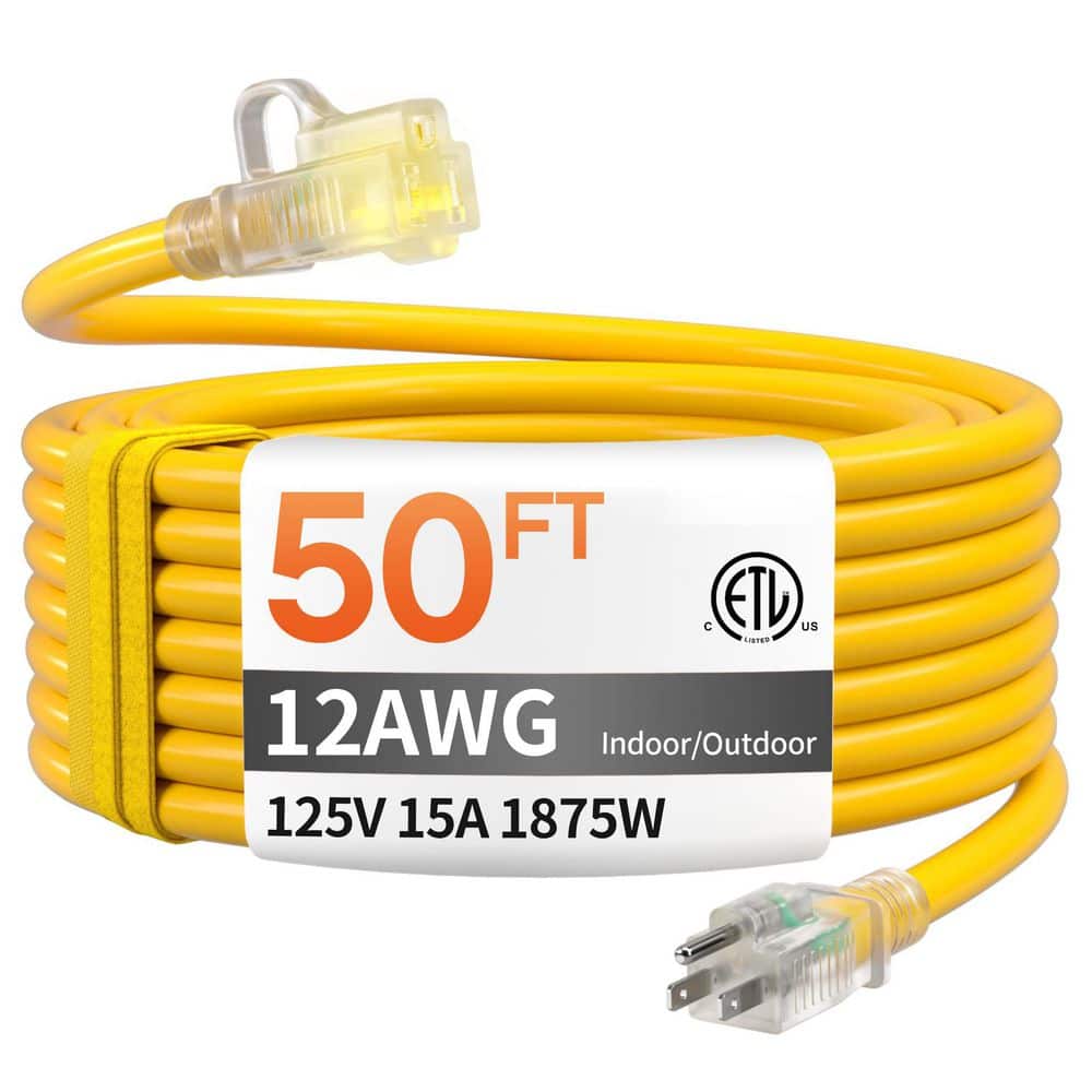 Unbranded 50 ft. 1875W 12-Gauge 1-Conductor 15 Amp 1875W Outdoor Extension Cord Waterproof Lighted End Flexible Yellow (1)