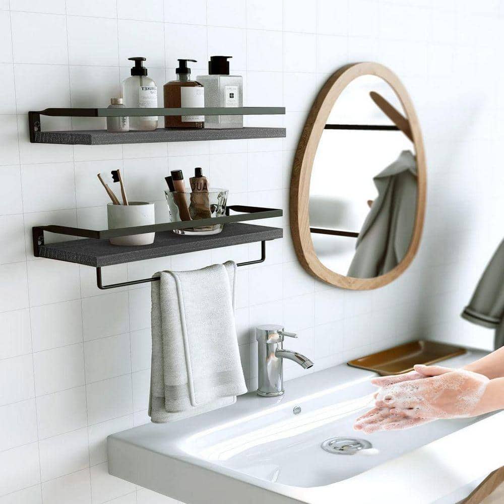 Dracelo 16.5 in. W x 5.9 in. D x 2.75 in. H Black Bathroom Wall Mounted Floating Shelves with Towel Bar (2)