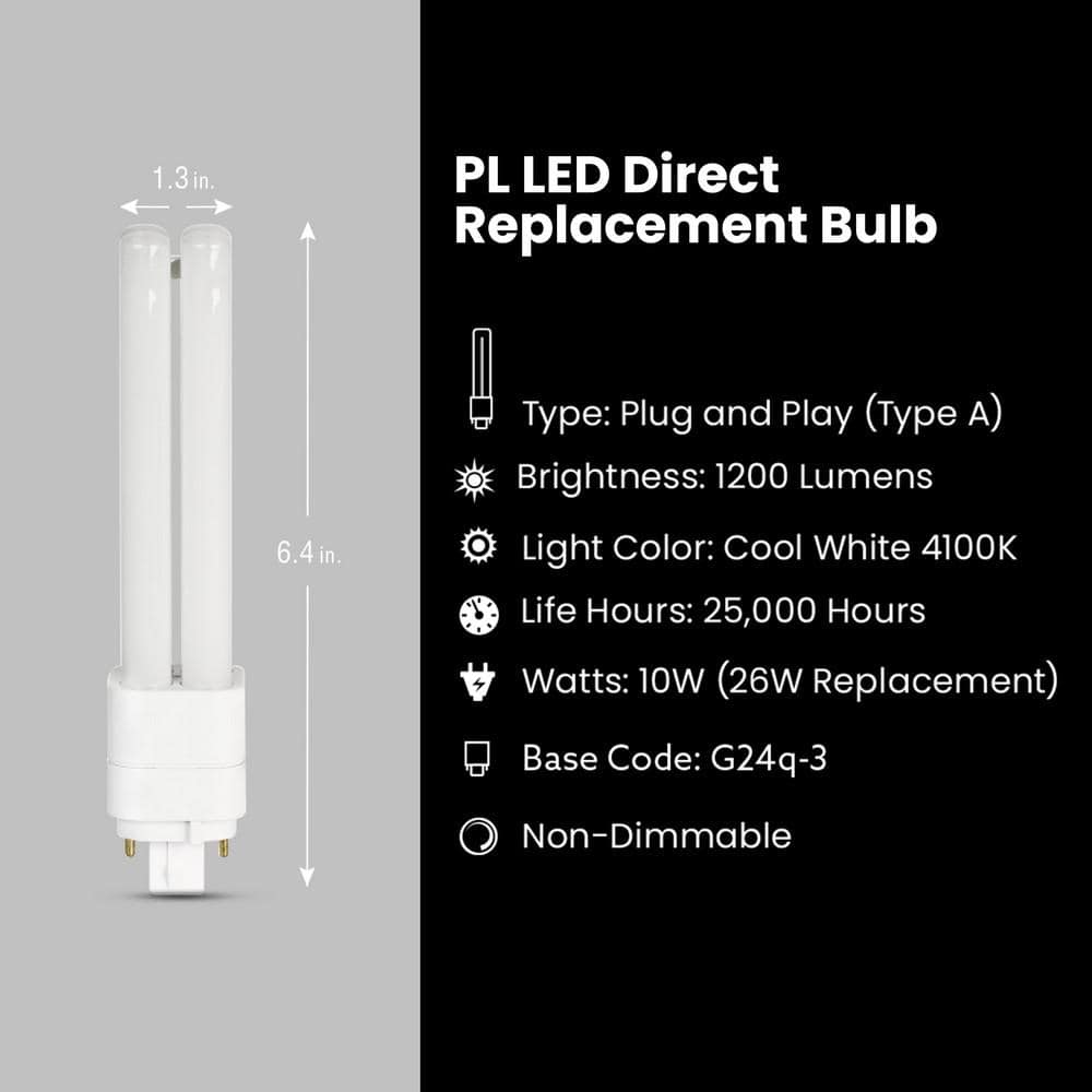 Feit Electric 26-Watt Equivalent PL QuadTube CFLNI 4-Pin Plugin G24Q-3 Base CFL Replacement LED Light Bulb, Cool White 4100K (1-Pack) (4)