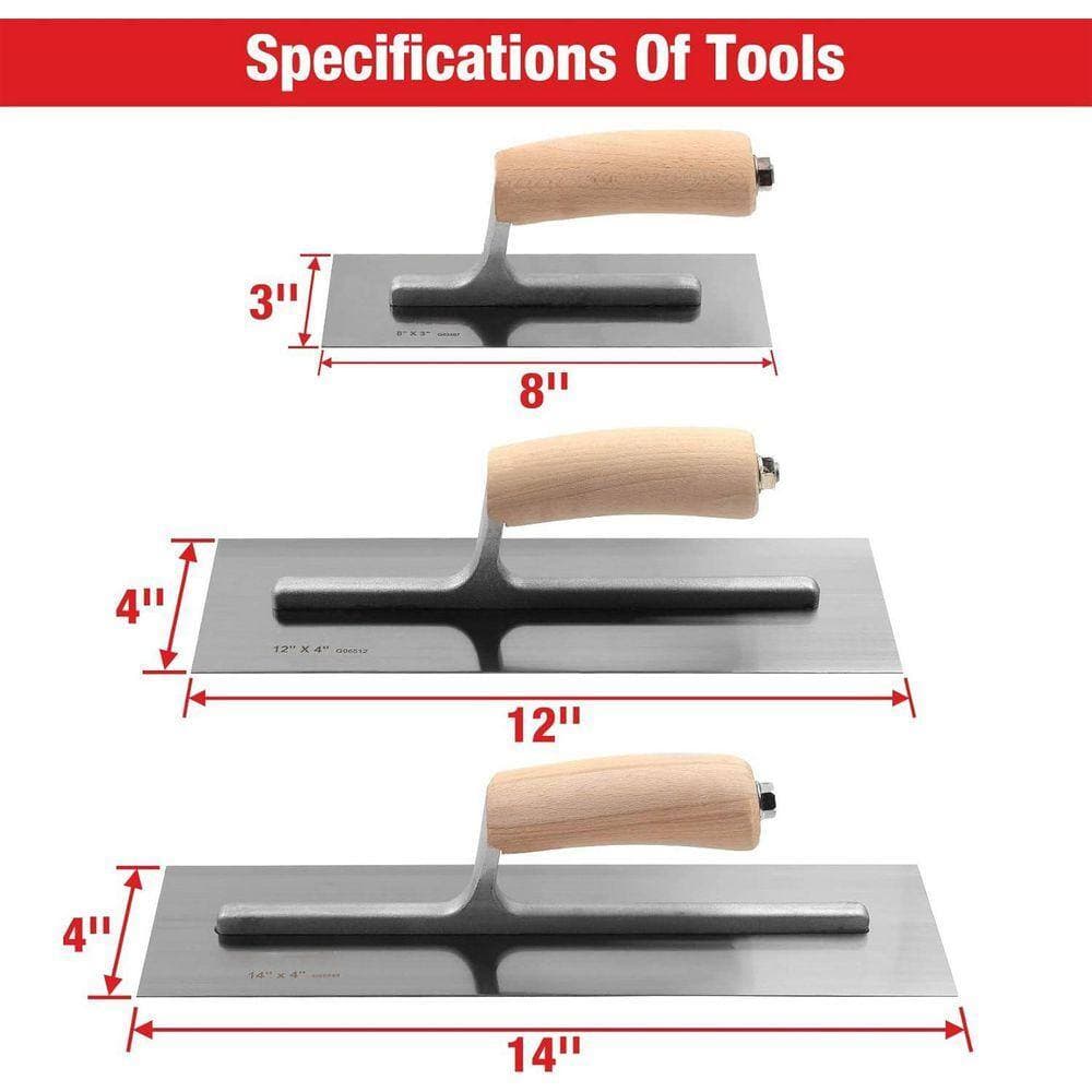 KIWDZFU 4 x 14 in. 4 x 12 in. 3 x 8 in. Carbon Steel Finishing Masonry Drywall Trowel Set with Wood Handle, 3-Pack (2)