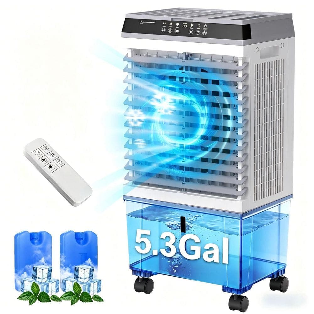 Uthfy 5.3 Gal. 3-Speed Portable Evaporative Air Cooler Fan with Remote, 1766 CFM, 110° Oscillation and 4 Ice Packs