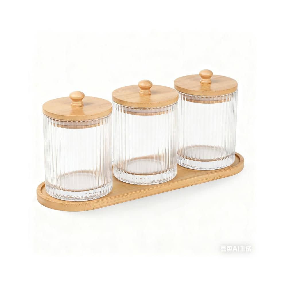 Numhew 3-Pack Bathroom No-Drill Organizer Set with 3 Clear Glass Qtip Holders and 1 Waterproof Tray for Cotton Swabs in Beige (1)