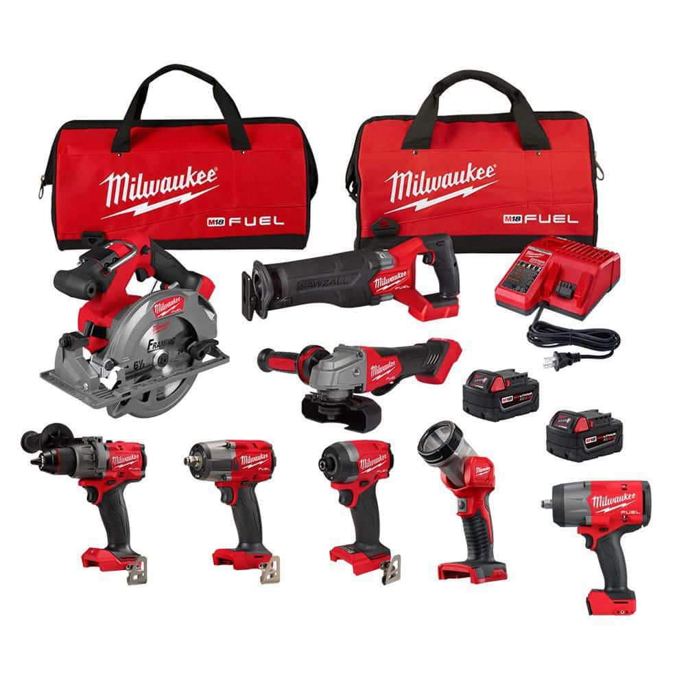 Milwaukee M18 FUEL 18V Lithium-Ion Brushless Cordless Combo Kit with (2) 5.0 Ah Batteries (7-Tool) & 1/2 in. Impact Wrench