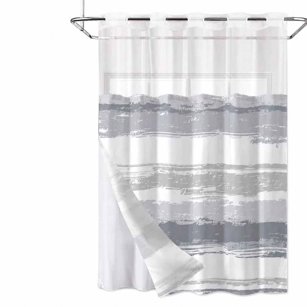 Anqtovp 71 in. W x 74 in. L Polyester Shower Curtain Set in Grey and White Striped Waterproof with Snap in Liner Mesh Top (1)