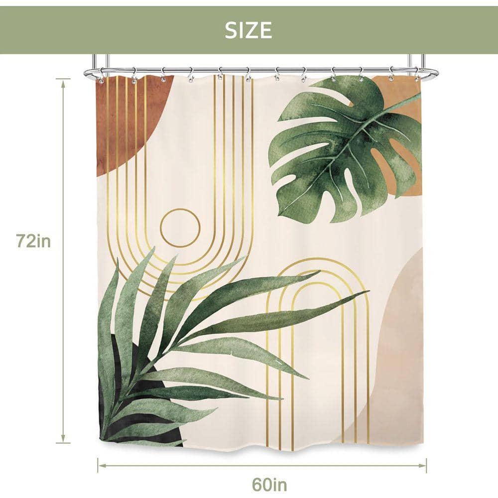 JFVKAF Boho Sage Green Shower Curtain 60 x 72 in. Abstract Mid Century Botanical Palm Leaf Decor Waterproof Set Polyester (2)