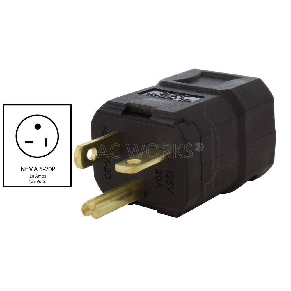 AC WORKS NEMA 5-20P 20A 125V Clamp Style Square Plug in Black with UL, C-UL Approval (2)