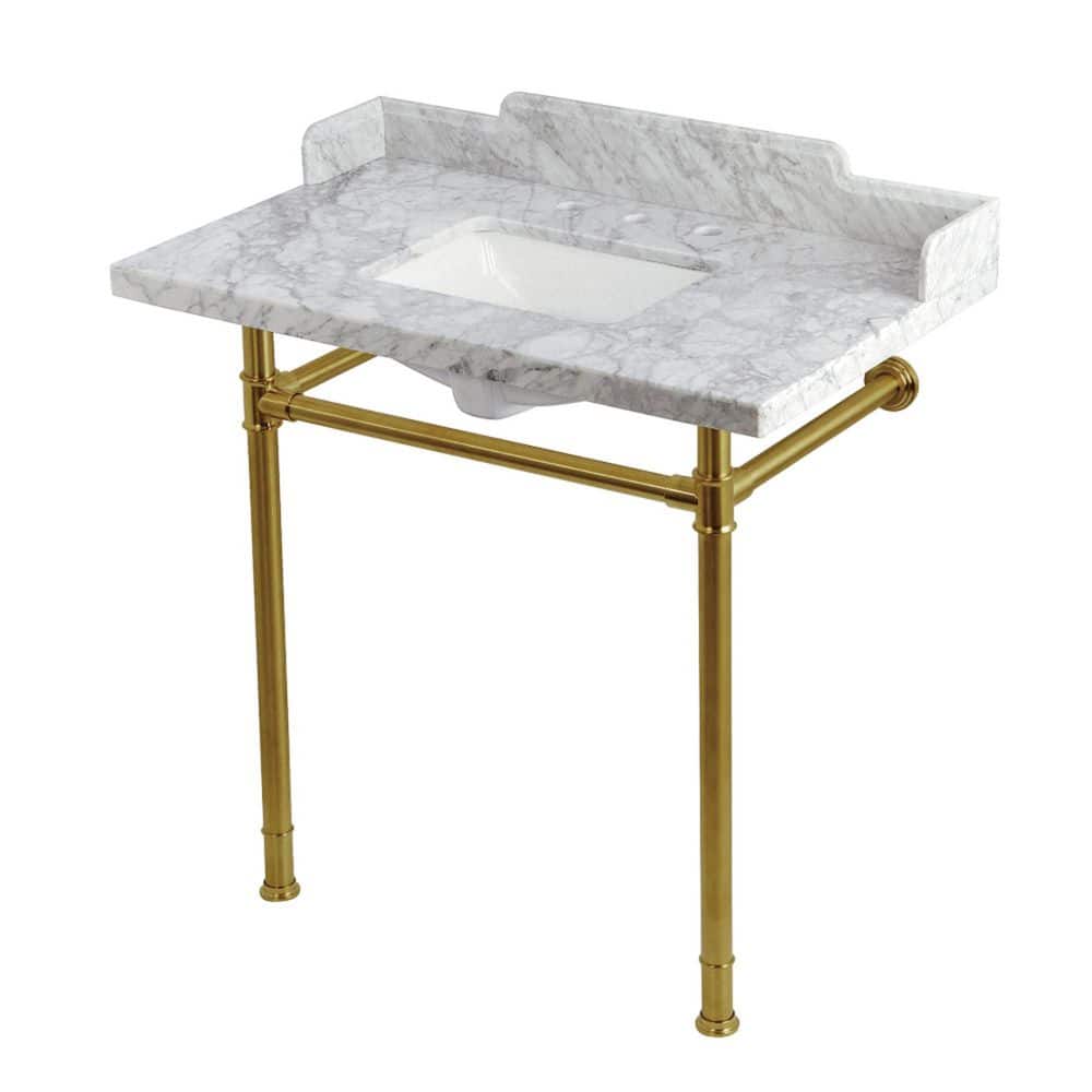 Kingston Brass Wesselman 36 in. x 22 in. Console Sink Combo in Carrara Marble White/Brushed Brass with Legs (1)