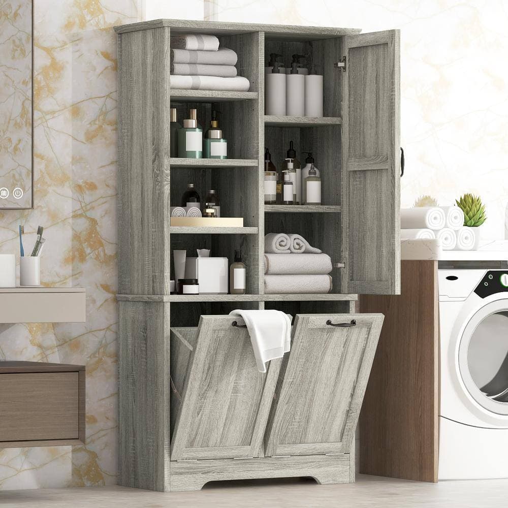 YSQCAR 31 in. W x 14 in. D x 68 in. H Oak MDF Freestanding Linen Cabinet with Doors and Drawers, Tilt-Out Laundry Hamper (3)