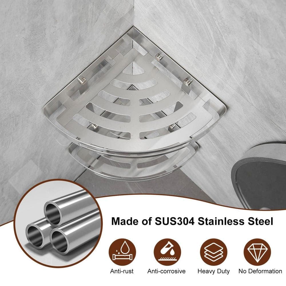 HOMEMYSTIQUE 11.42 in. W x 15.94 in. H x 8.31 in. D Stainless Steel Triangle Corner Shower Shelf in Brushed Nickel (3)