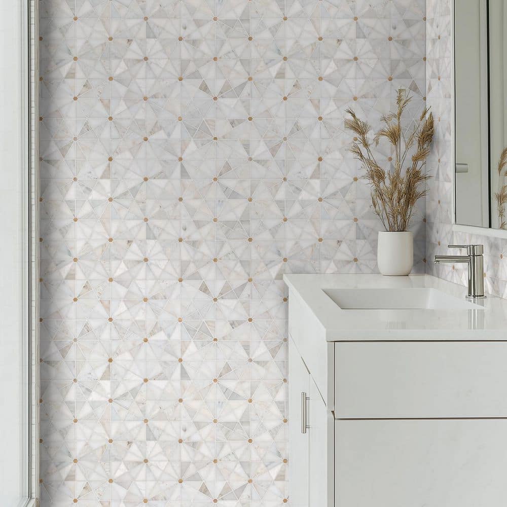 MSI Elegante White Pinwheel 11 in. x 12 in. Stone/Metal Mesh-Mounted Mosaic Floor and Wall Tile (1 sq. ft./each) (3)
