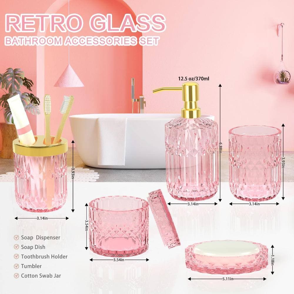 Unbranded 5-Piece Glass Bath Accessory Set with Soap Dispenser, Soap Dish, Cotton Swab Jar and Tumbler in Pink (3)