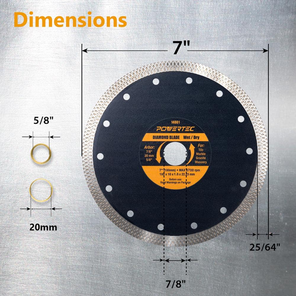 ‎POWERTEC 7 in. Turbo Mesh Rim Diamond Blade for Tile Saw, for Cutting Tile, Granite, Marble and Thin Masonry, (3-Pack) (3)