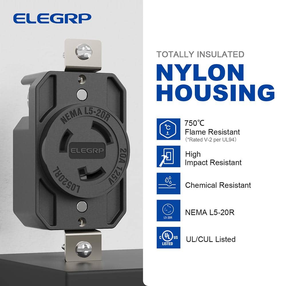ELEGRP 20 Amp 125-Volt NEMA L5-20R Locking Receptacle Single Outlet Industrial Grade Grounding Twist Lock, Black (2)