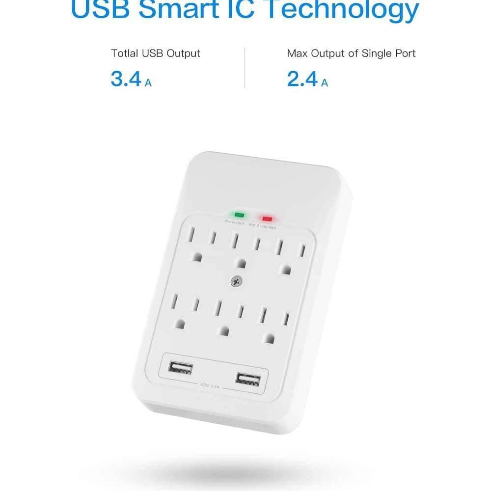 Yichuhaoxi 6-Outlet Surge Protector with 2 USB Ports 3. 4A 980 Joules LED Indicator White 2 Pack (2)