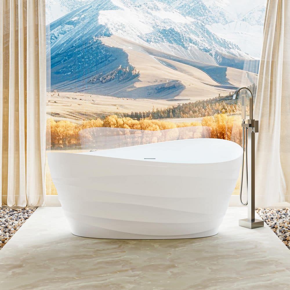 ANGELES HOME 62 in. x 35 in. Soaking Stone Resin Solid Surface Flatbottom Freestanding Bathtub with Center Drain in Matte White (1)