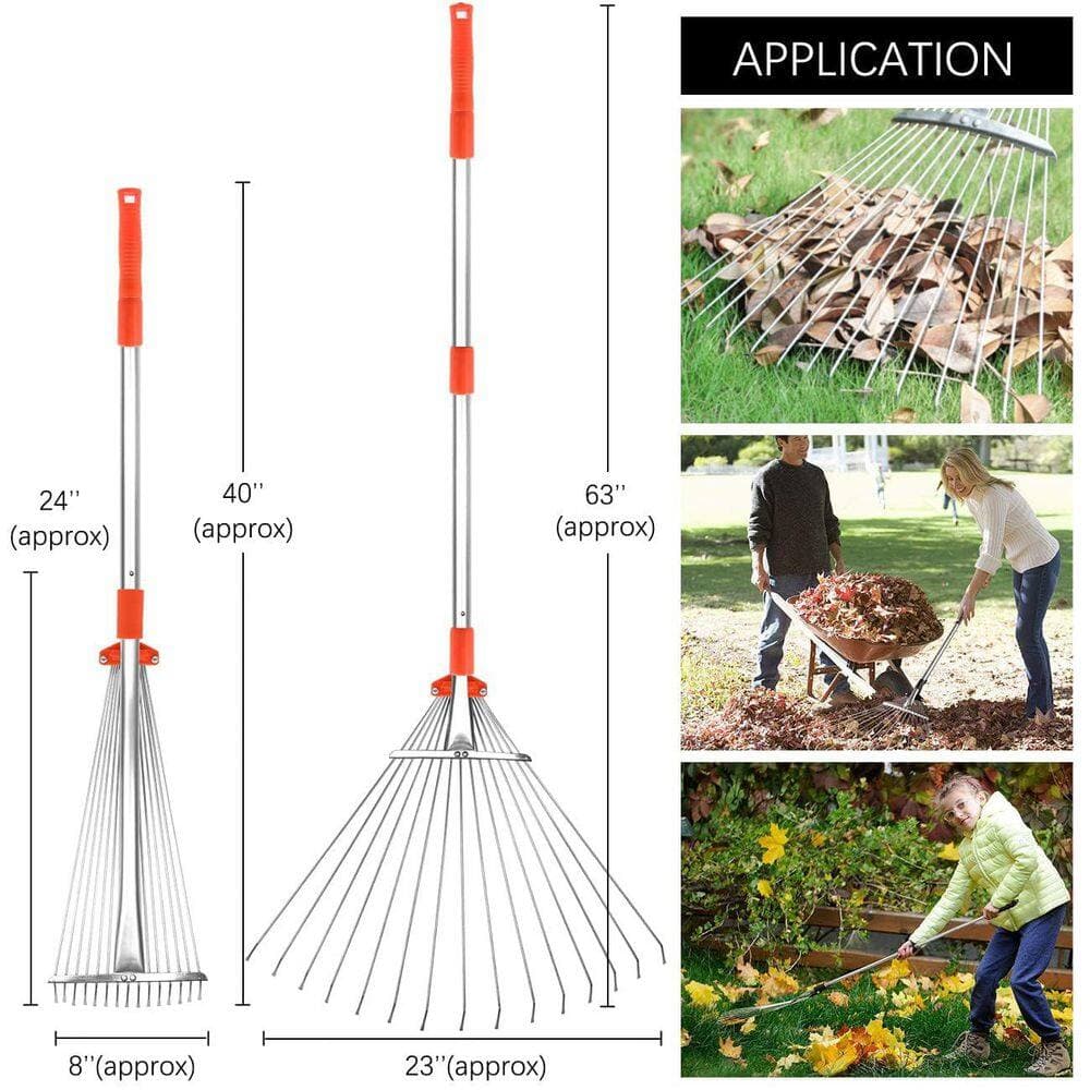 NVNOO 63 in. Adjustable Metal Garden Leaf Rake, Expandable Folding Leaves Brush for Lawn Yard, Flowers Beds, Orange (3)