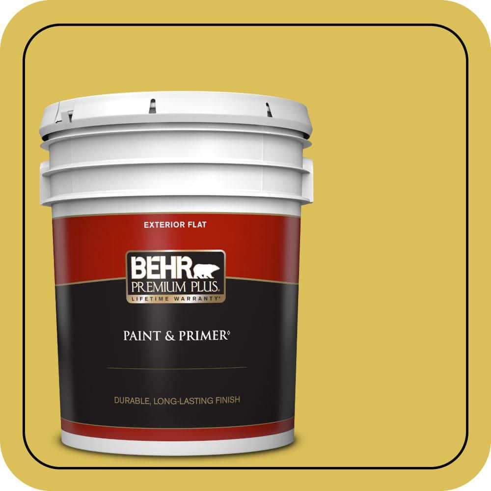 BEHR PREMIUM PLUS 5 gal. #P320-6 Sulfur Yellow Flat Exterior Paint & Primer