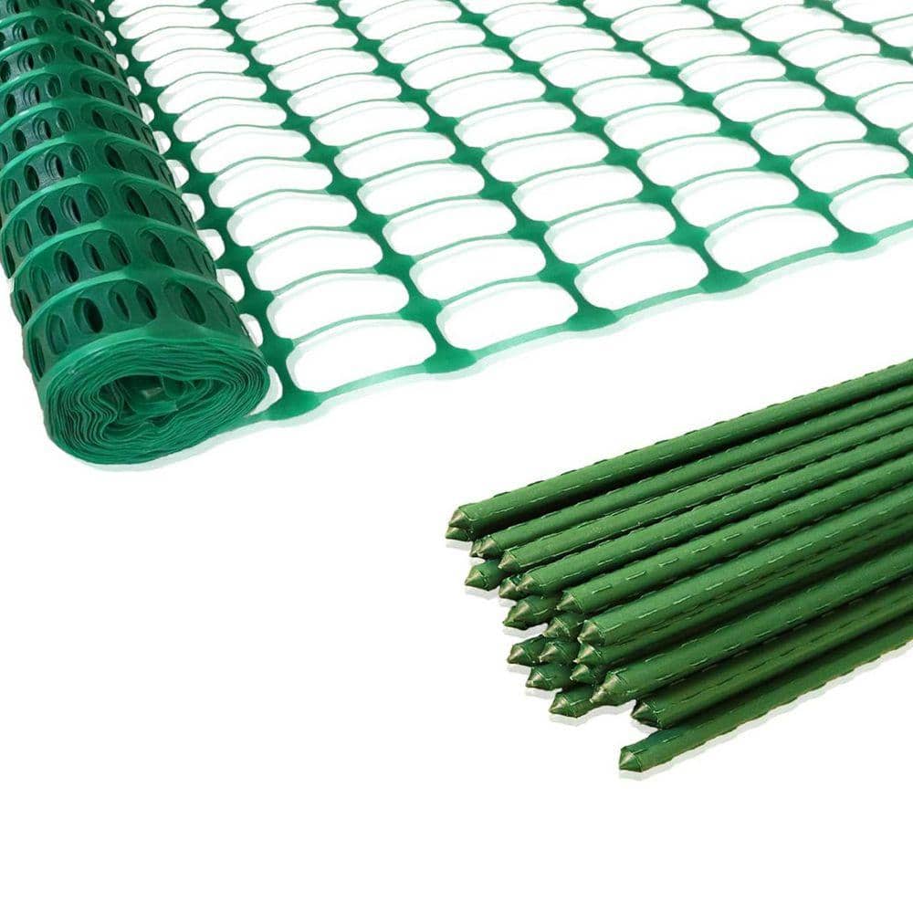 KIWDZFU Plastic Garden Snow Fence with 25 Steel Stakes Green 40 in. x 100 ft. Plastic Safety Netting