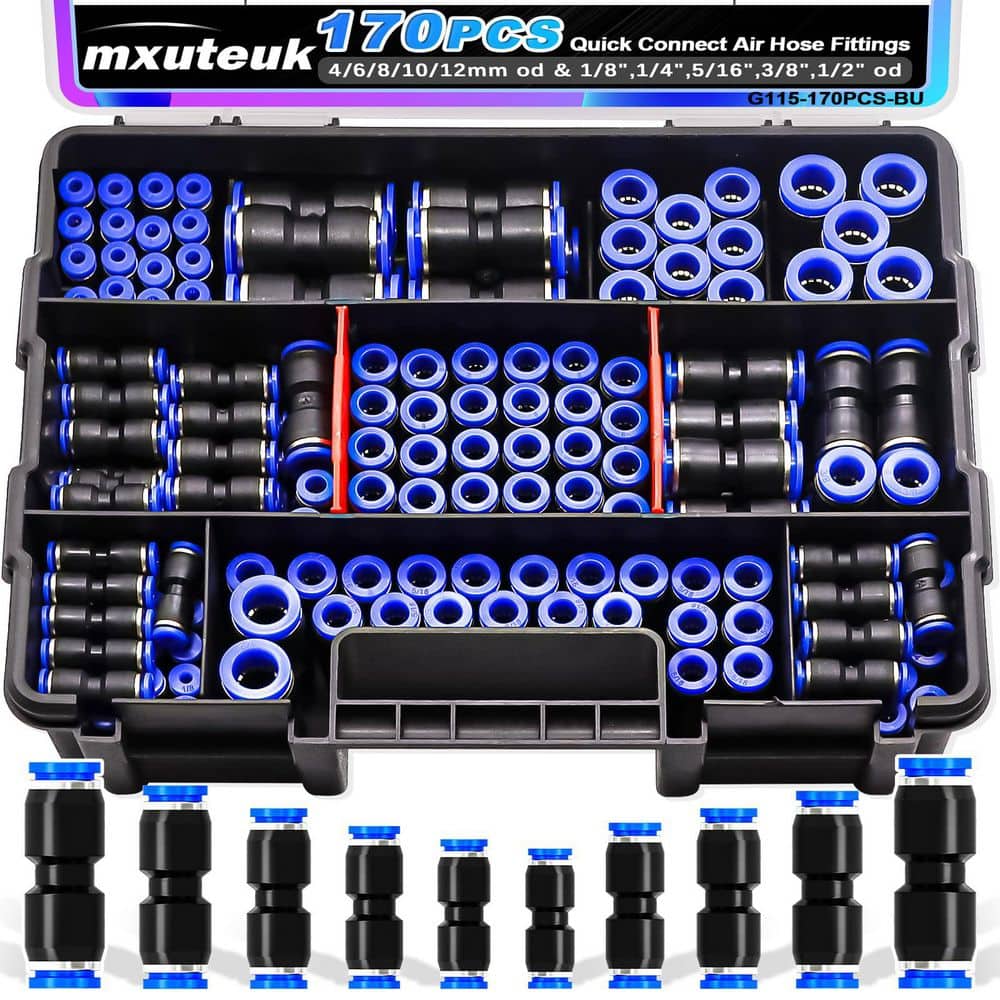 MYWISH Assorted 1/8 in.-1/2 in. and 4-12 mm Pneumatic Push-to-Connect Air Hose Fittings Kit Multi-Colored (170-Pack) (1)