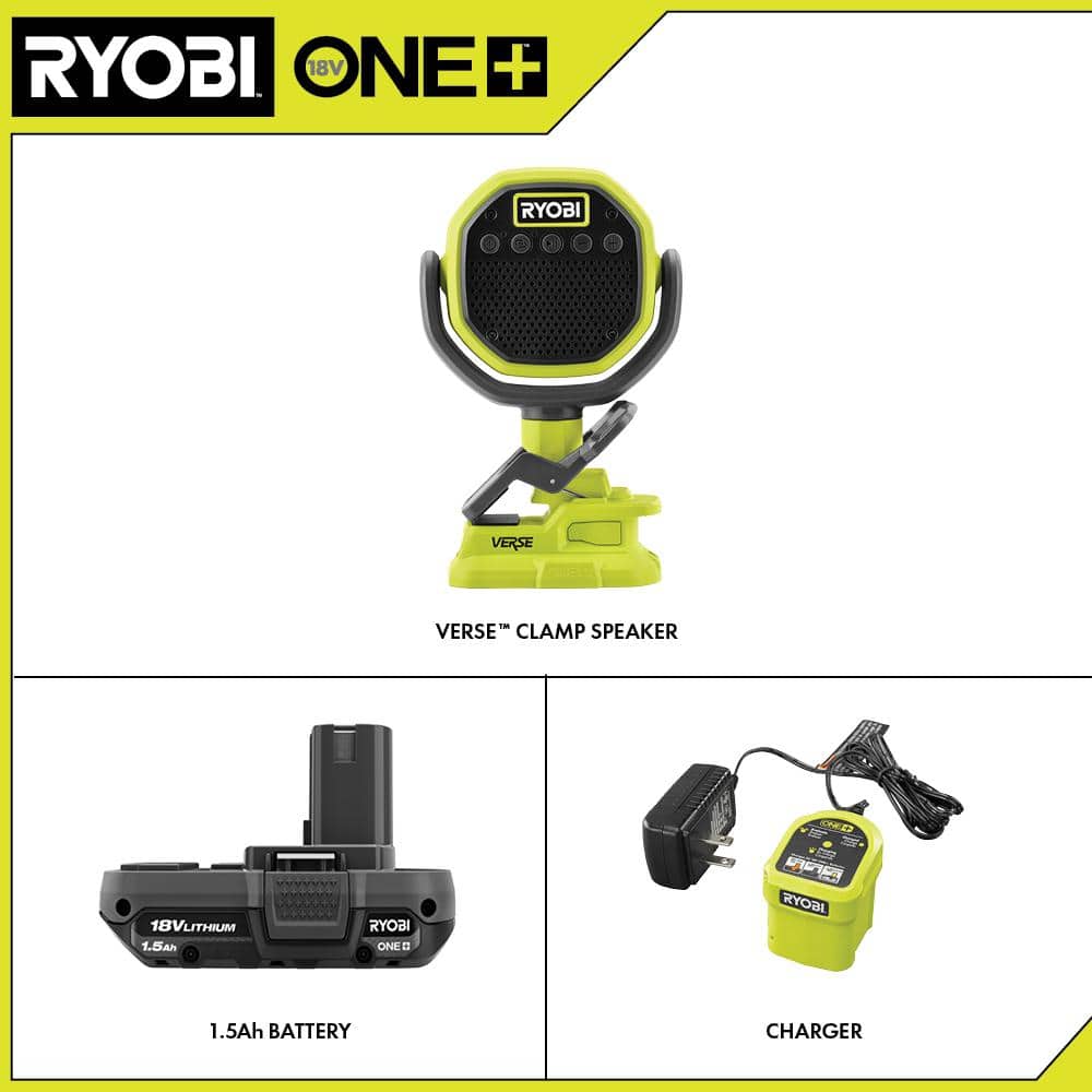 RYOBI ONE+ 18V Cordless VERSE Clamp Speaker Kit with 1.5 Ah Battery and Charger (2)