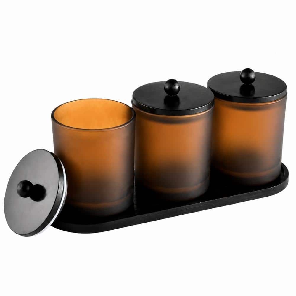 Unbranded Amber Frosted Glass Apothecary Jars with Bamboo Lids, Waterproof Tray and Labels, 3-Pack Bathroom Organizer Set