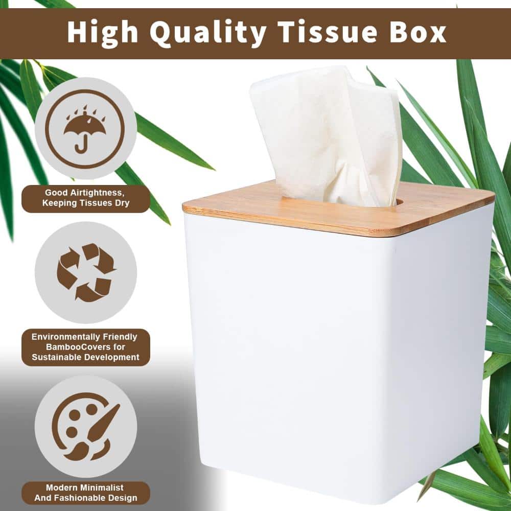 Unbranded Square Tissue Box Cover with Removable Bamboo Lid for Farmhouse, Boho and Modern Home Decor, White, 1 Pack (3)