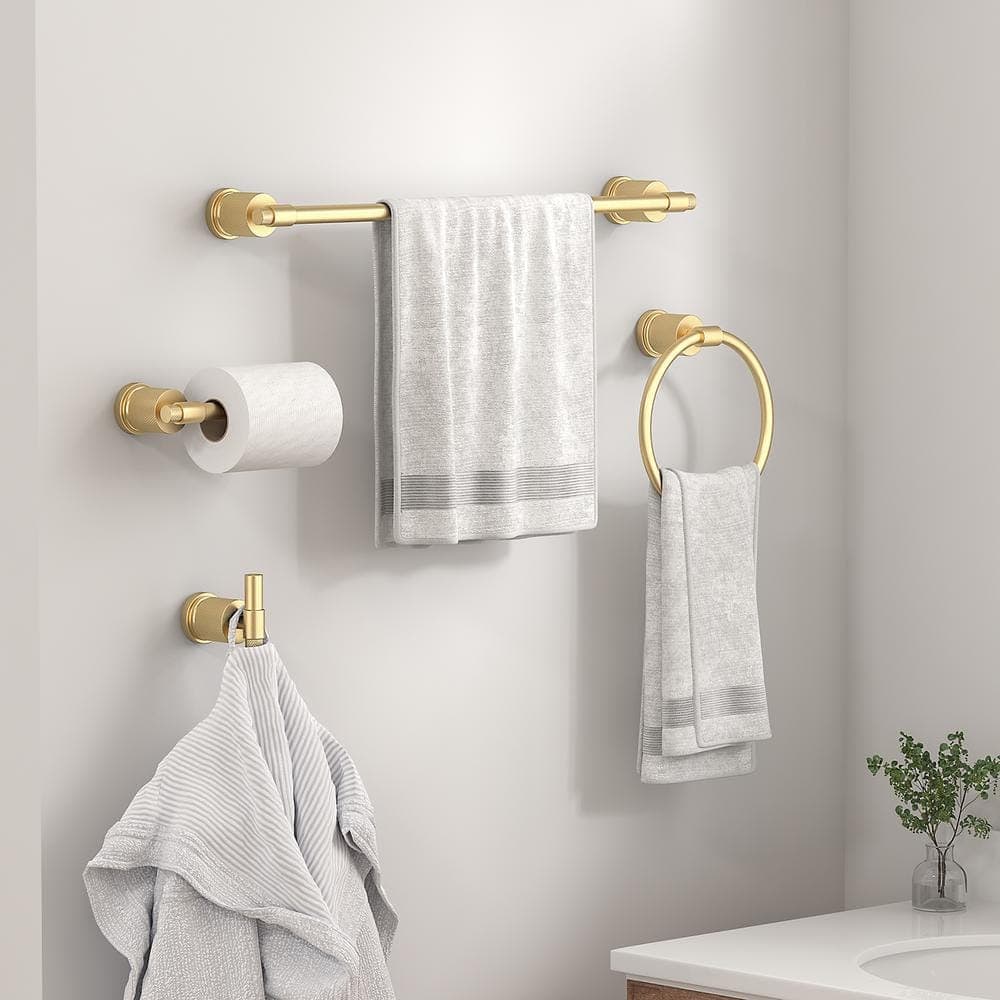 FORIOUS Bathroom Accessories Set 4, Towel Ring, Towel Bar, Toilet Paper Holder, Robe Hook Zinc Alloy in Gold (2)