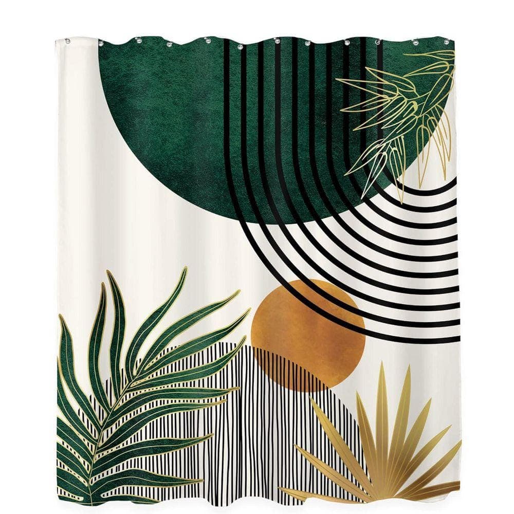 Unbranded Mid Century Modern Boho Shower Curtain 60x72 Fabric Liner Leaf Abstract Botanical Design with Hooks Polyester Green