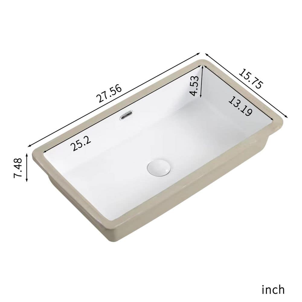 cadeninc 27.56 in. x 15.75 in. White Ceramic Rectangular Single Bowl Undermount Bathroom Sink/Lavatory Vanity Basin (3)