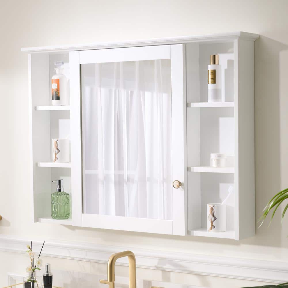 WELLFOR 42 in. W 30 in. H Wood Surface Mount Medicine Cabinet with Mirror and Shelves, 1-Soft Close Door