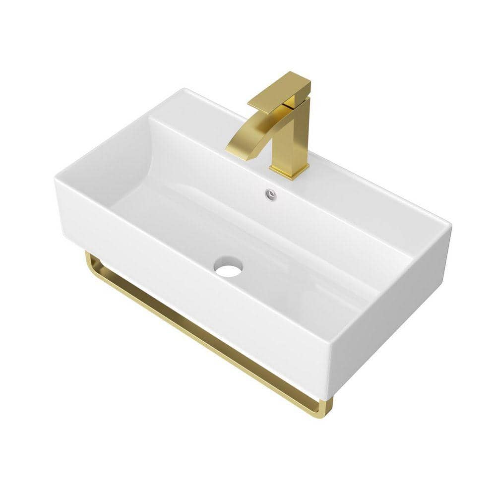 YSQCAR 21 in Rectangular Ceramic Wall-Mounted Rectangular Bathroom Sink in Gold, with Gold Towel Bar and Gold Faucet (1)