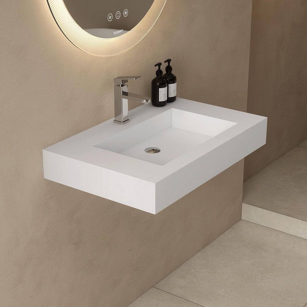 SJ STAR&JANE 30 in. Wall Mount Rectangle Vessel Sink with Faucet Hole, Solid Surface Bathroom Vessel Sink (3)