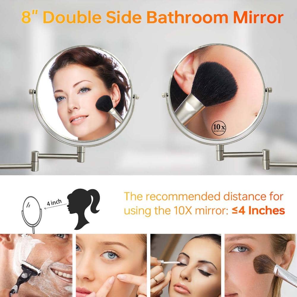 INSEEDE VERRA 8 in. Wall Mounted Makeup Mirror with 1X/10X Magnification, Double-Sided 360° Swivel Vanity Mirror in Nickel (3)