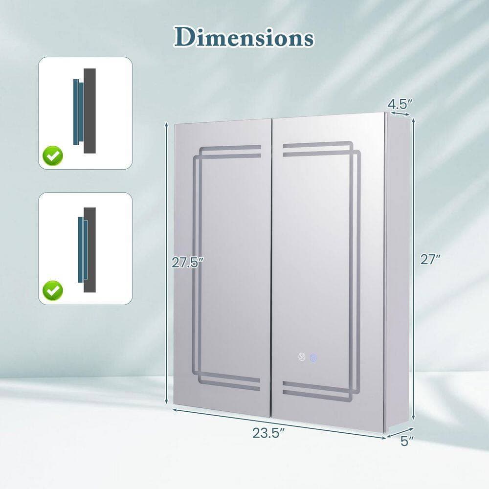 ANGELES HOME 23.5 in. W x 5 in. D x 27.5 in. H Bathroom Storage Wall Cabinet in Silver with Lights (3)