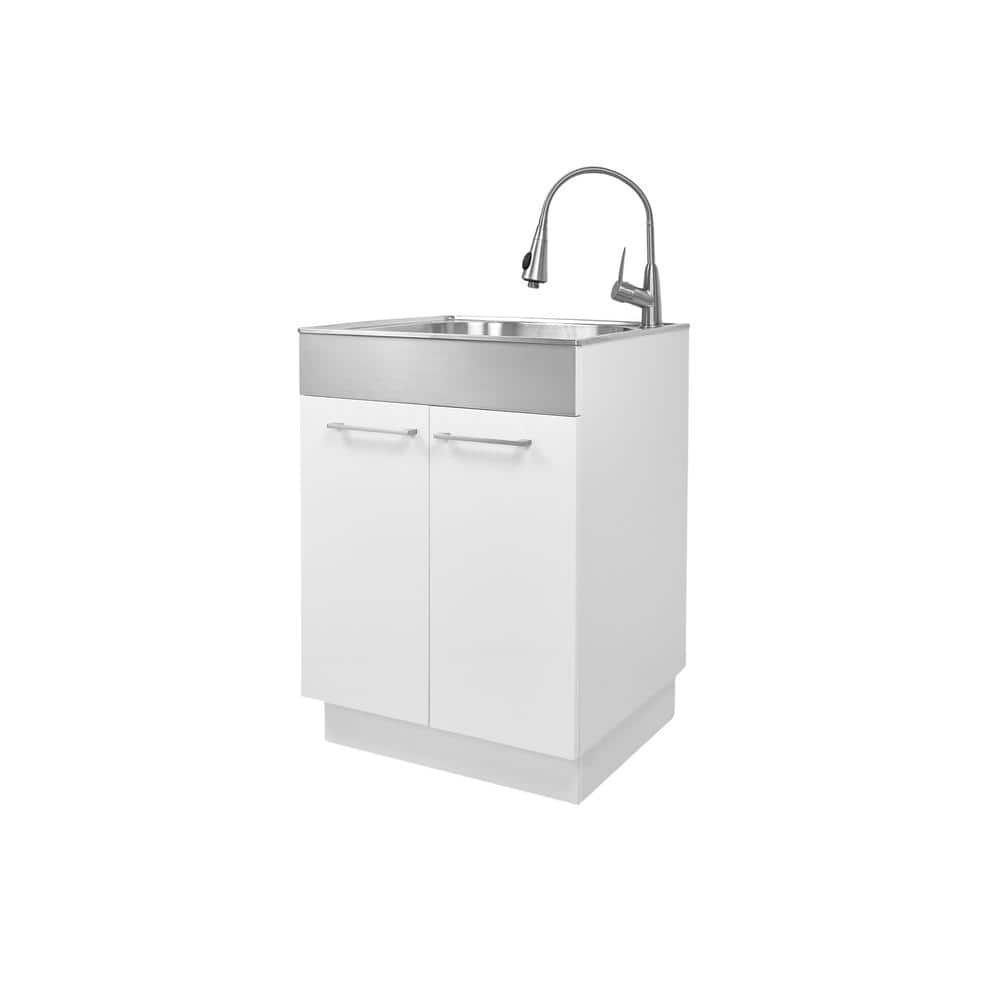 Glacier Bay 24 in. W x 21 in. D x 34 in. L Freestanding Stainless Steel Apron-Front Laundry Sink with Faucet and Cabinet in White